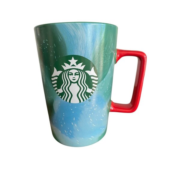 Starbucks Christmas Mug 13 oz Green Blue Swirl Red Handle Design 2024 Excellent - Picture 1 of 7
